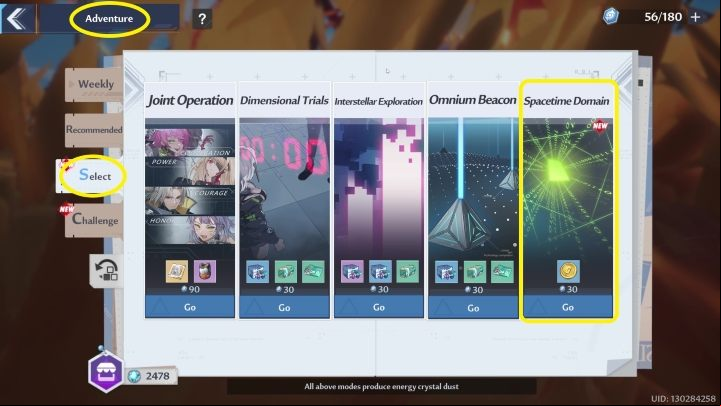 To start the Spacetime Domain mode you must first enter the Adventure menu (upper-right corner), then the Select tab - Tower of Fantasy: Spacetime Domain - Adventure - Tower of Fantasy Guide