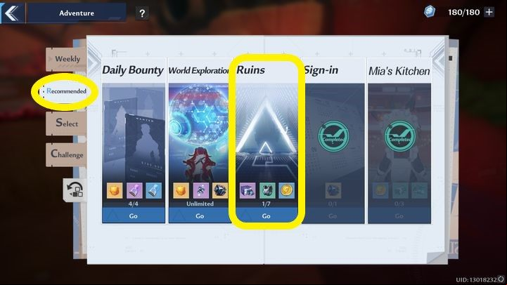 To start the Ruins mode you must first enter the Adventure menu (upper-right corner, crossed swords icon), then the Recommended tab - Tower of Fantasy: Ruins - Adventure - Tower of Fantasy Guide