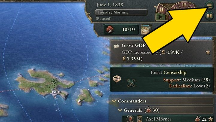 Clicking this icon brings up the main menu - Victoria 3: Game interface - Basics - Victoria 3 Guide