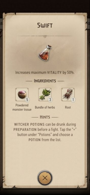Effect: increases the number of health points by 50% - The Witcher Monster Slayer: The best potion - Crafting - Witcher Monster Slayer Guide