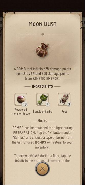 Effect: deals 525 points of silver damage and 800 points of kinetic damage - The Witcher Monster Slayer: Bombs - Recipes - Witcher Monster Slayer Guide