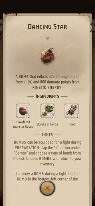 Effect: deals 525 points of fire damage and 800 points of kinetic damage - The Witcher Monster Slayer: Bombs - Recipes - Witcher Monster Slayer Guide