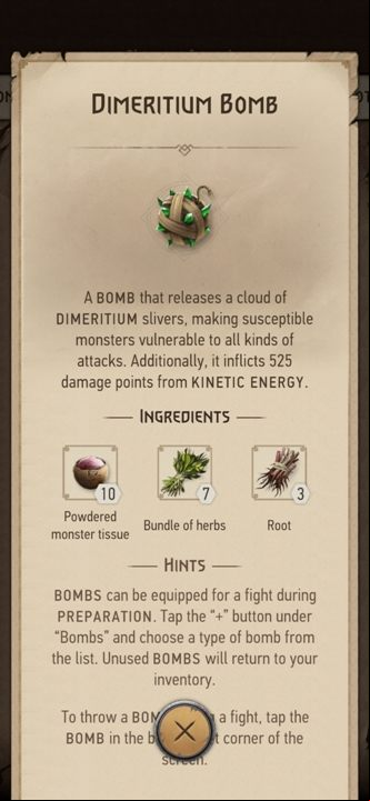 Effect: deals 525 points of kinetic damage and releases clouds of Dimeritium - The Witcher Monster Slayer: Bombs - Recipes - Witcher Monster Slayer Guide