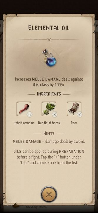 Effect: increases melee damage against magical creatures by 100% - The Witcher Monster Slayer: Oils - Recipes - Witcher Monster Slayer Guide