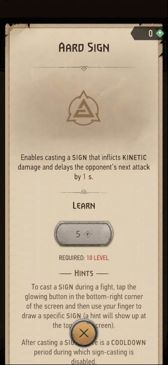 Effect: allows you to cast Aard, a sign which deals kinetic damage - The Witcher Monster Slayer: Skills - signs - Skills - Witcher Monster Slayer Guide