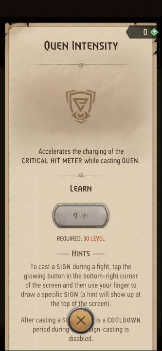 Effect: using the Quen sign increases the critical hit meter charge rate - The Witcher Monster Slayer: Skills - signs - Skills - Witcher Monster Slayer Guide