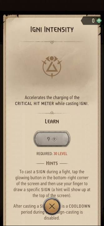Effect: using the Igni sign increases the critical hit meter charge rate - The Witcher Monster Slayer: Skills - signs - Skills - Witcher Monster Slayer Guide