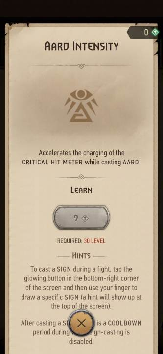 Effect: using the Aard sign increases the critical hit meter charge rate - The Witcher Monster Slayer: Skills - signs - Skills - Witcher Monster Slayer Guide