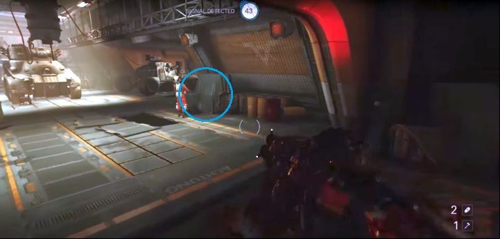 Golden Item #47 is hidden behind the crates (marked in blue). - Venus Transporthalle | Collectibles in Ubercommander Missions - Collectibles in Ubercommander Missions - Wolfenstein II: The New Colossus Game Guide