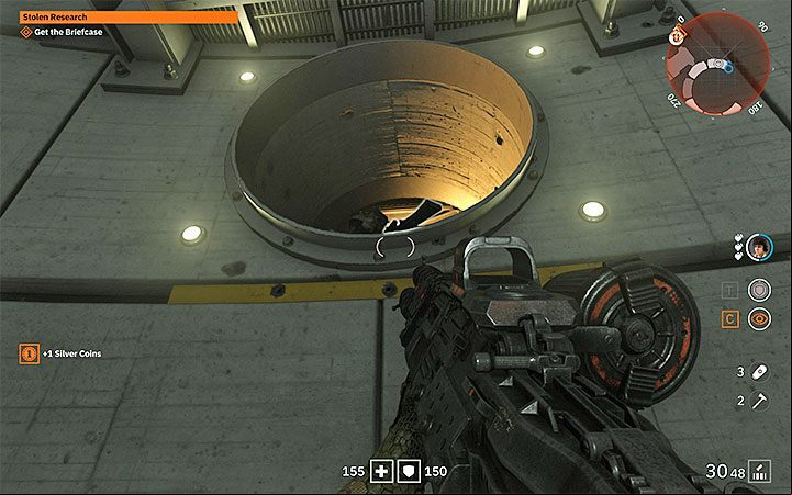 After reaching the highest level, jump on the lower balcony and be interested in the round hole in the wall shown in the picture, where a single opponent could have stood - Stolen Research | Wolfenstein Youngblood Walkthrough - Side missions - Wolfenstein Youngblood Guide